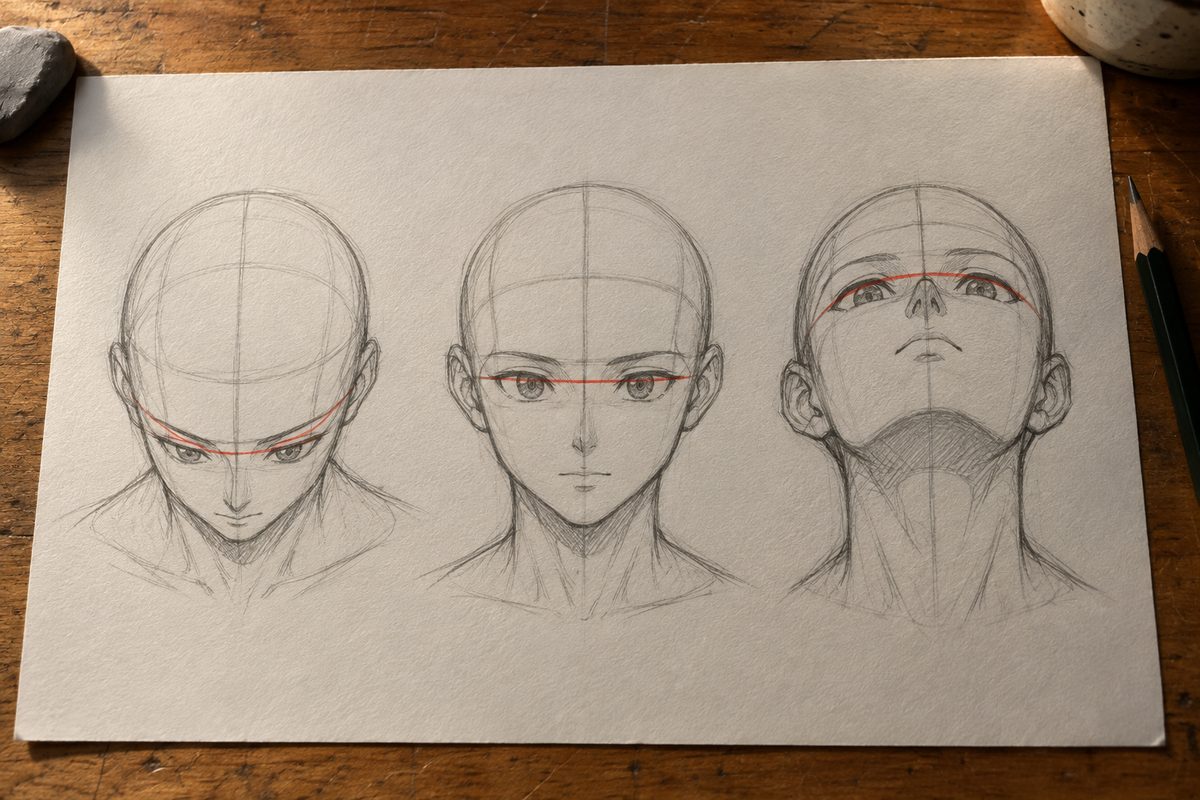 Trois constructions de la même tête manga : penchée vers le bas où les plans du dessus dominent, droite, et relevée où le dessous du nez, du menton et l'attache du cou apparaissent, la ligne des yeux tracée en rouge et courbée différemment sur chacune
