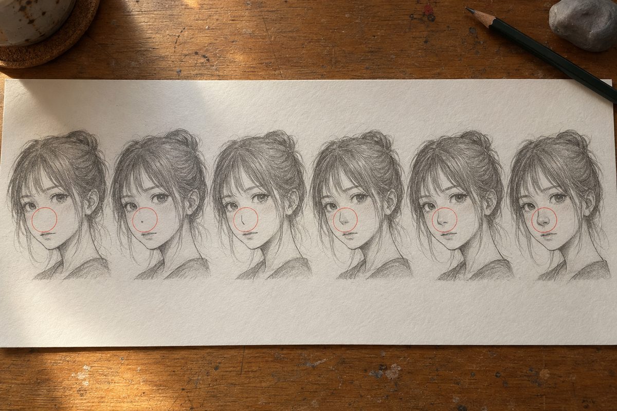 Six fois le même visage manga en une rangée, identique sauf le nez : absent, un point, un trait sur le côté tourné, une ombre de plan sans contour, une pointe avec une aile, puis un nez entièrement construit, le nez entouré en rouge sur chacun