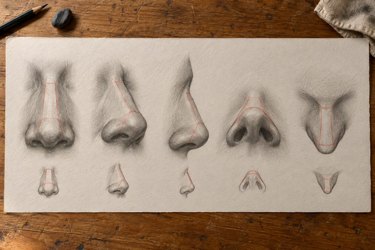 Cinq études du même nez sur une feuille, en vue de face, de trois-quarts, de profil strict, vu d'en bas où la cloison apparaît, et vu d'en haut où les narines disparaissent, chacune accompagnée de sa version réduite au minimum de traits, le changement de plan marqué en rouge