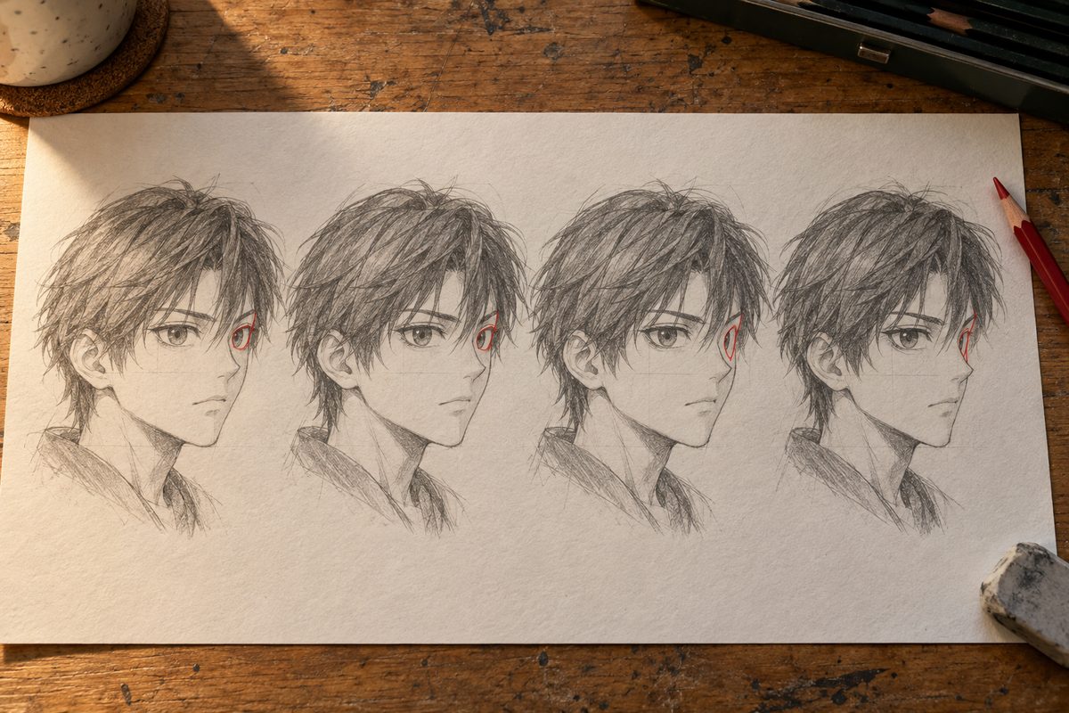 Quatre têtes manga de trois-quarts identiques, l'œil éloigné de plus en plus comprimé de l'une à l'autre jusqu'à être partiellement caché par l'arête du nez, cet œil entouré en rouge sur chacune