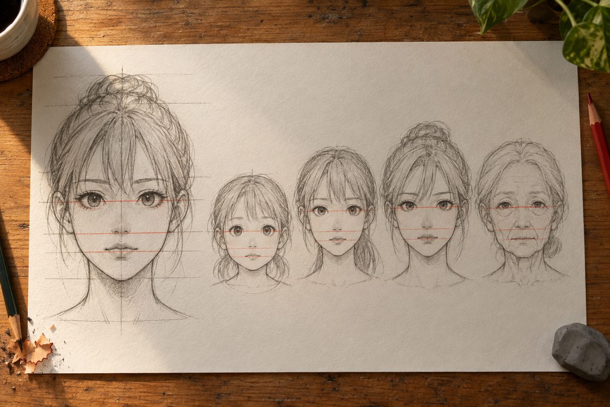 À gauche une grande tête manga de face avec ses repères horizontaux, à droite la même personne à quatre âges — enfant, adolescent, adulte, personne âgée — où le rapport crâne/visage et la mâchoire changent, la ligne des yeux, la base du nez et la bouche tracées en rouge sur toutes