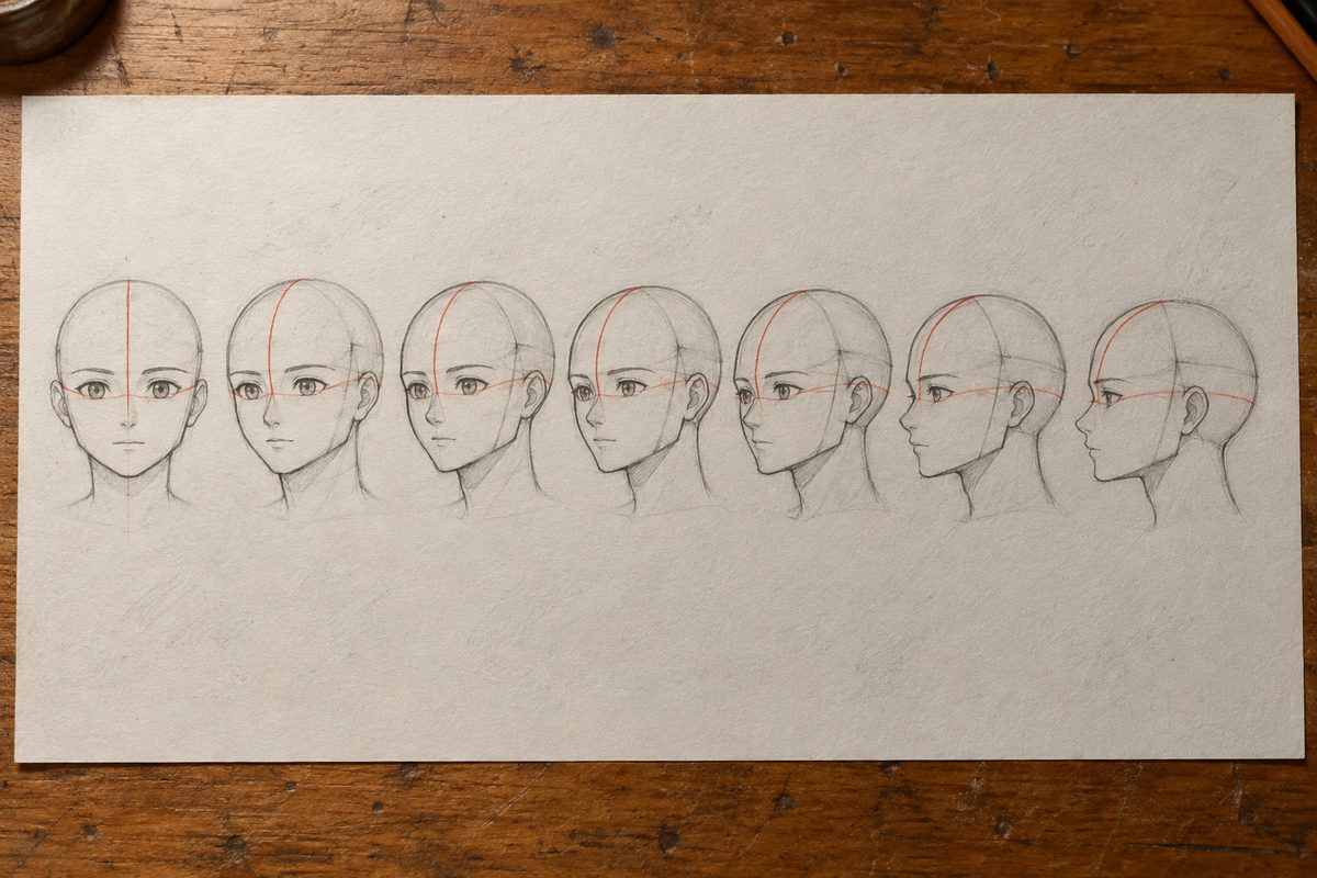 Sept constructions de la même tête manga en une rangée, tournant progressivement de la vue de face au profil, la ligne médiane verticale et la ligne des yeux tracées en rouge et courbées autour de chaque crâne