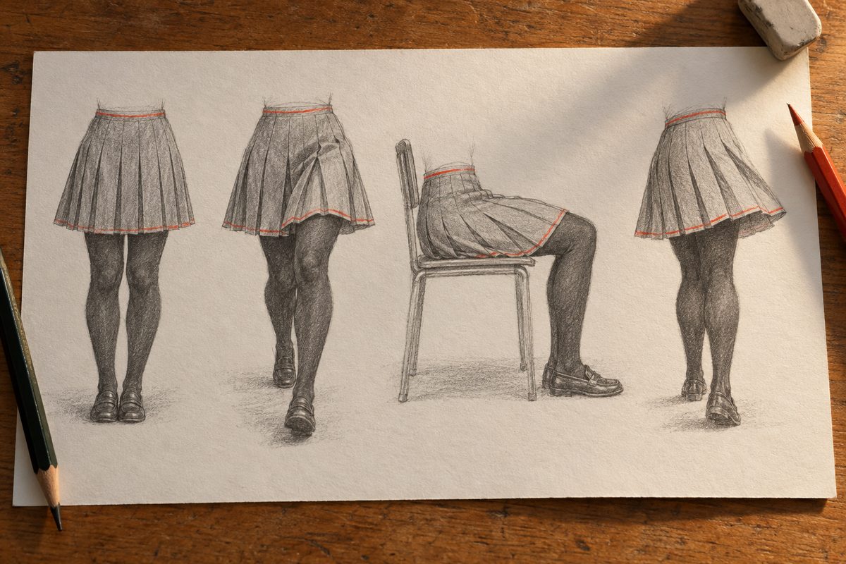 Quatre études de la même jupe plissée d'uniforme, cadrées de la taille aux genoux : debout avec les plis fermés, en marche avec les plis qui s'ouvrent sur la jambe qui avance, assise avec les plis écrasés sur les cuisses, et en rotation avec la masse de la jupe en retard sur le bassin, la ceinture et l'ourlet tracés en ellipse rouge