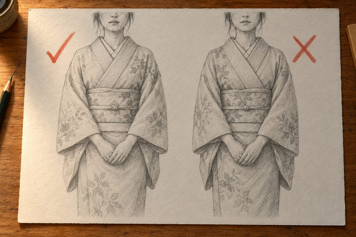 Deux fois la même silhouette en kimono vue de face : à gauche le pan gauche du porteur passe au-dessus du droit, coché en rouge ; à droite le croisement est inversé, barré en rouge