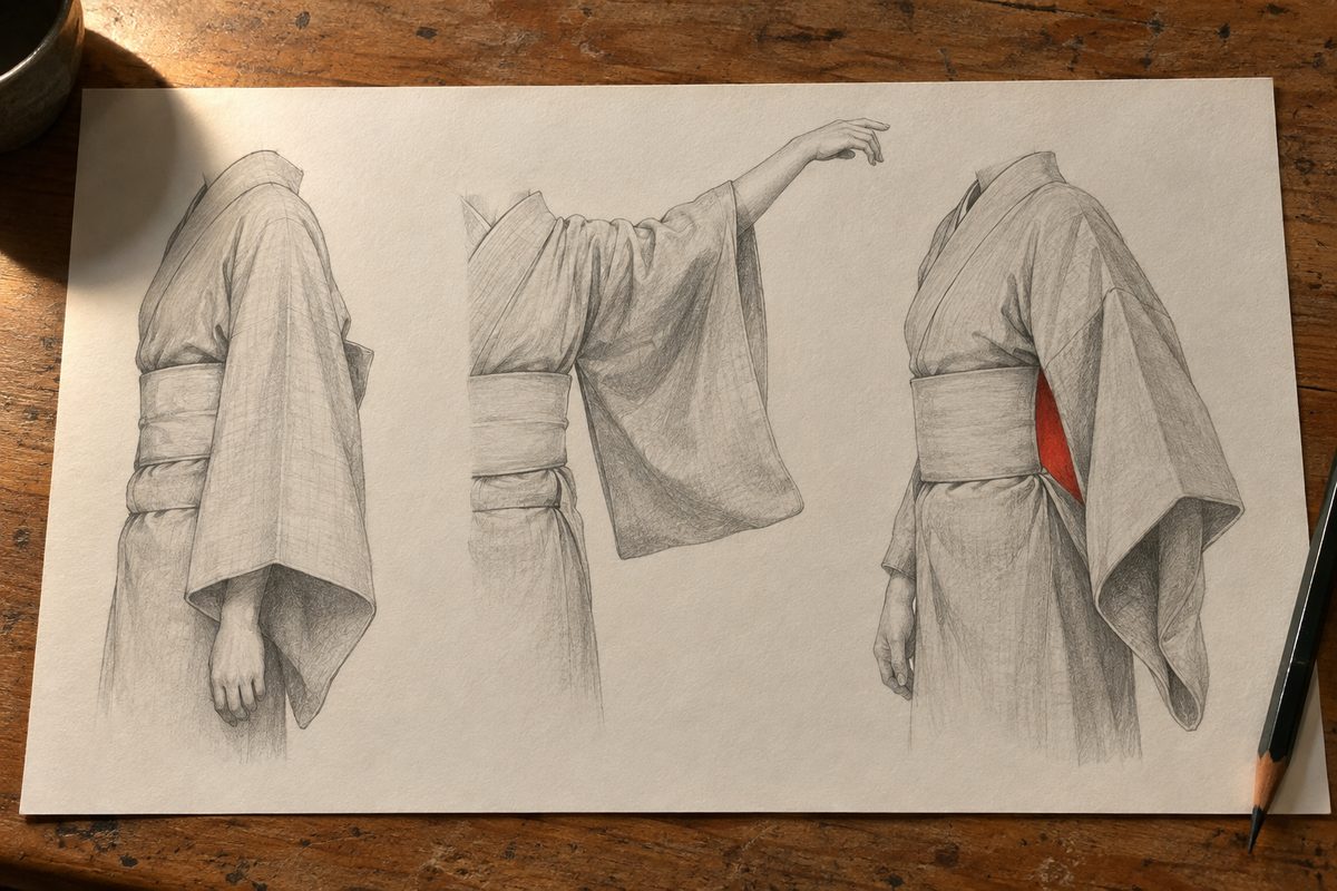 Trois études d'une manche de kimono : bras baissé avec la manche qui pend en un long volume calme, bras levé avec la manche en retard sur le mouvement, et vue de trois-quarts montrant le vide ouvert entre le flanc et la manche, ce vide rempli en rouge