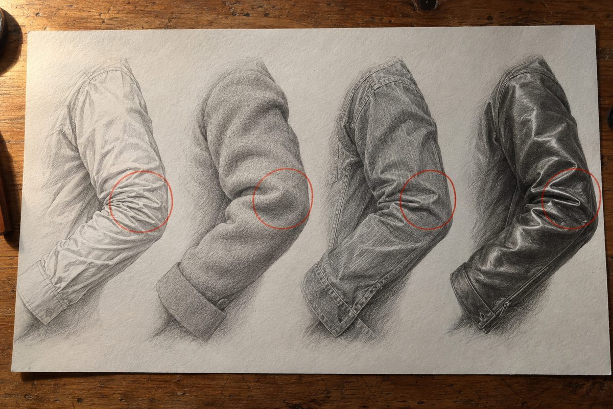 Quatre études du même coude plié côte à côte, le même bras dessous à chaque fois, dans quatre matières : chemise en coton fin, manteau de laine épaisse, veste en jean et veste en cuir, le côté comprimé du coude entouré en rouge sur chacune