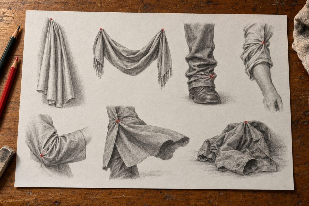 Sept études de tissu sur une même feuille : un drapé suspendu en tubes verticaux, une écharpe tendue entre deux mains, un bas de pantalon empilé en accordéon, une manche retroussée en spirale, un coude plié qui casse le tissu, un pan de manteau emporté par le vent, et une veste effondrée au sol, le point d'ancrage marqué en rouge sur chacun