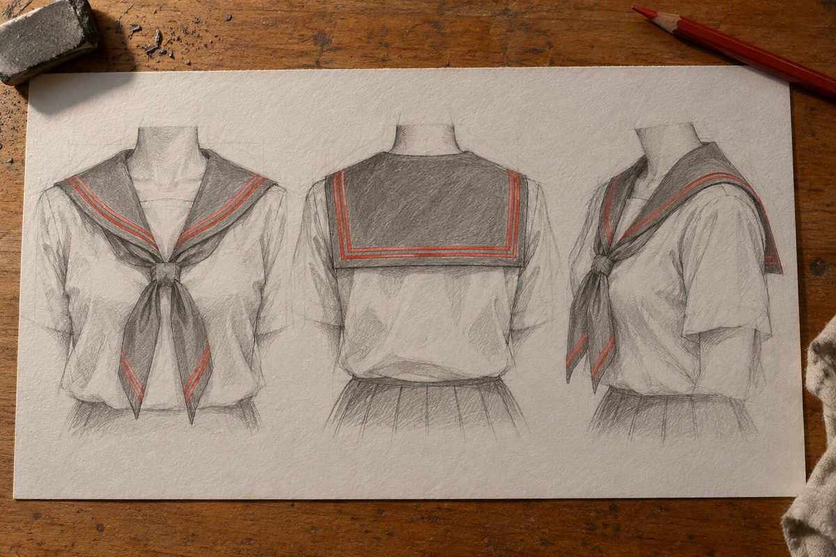 Trois études d'un col marin d'uniforme japonais sur un buste sans tête : de face où seules les bandes encadrantes se voient, de dos où le grand rabat carré couvre les omoplates, et de trois-quarts où le rabat tourne en perspective, les bandes décoratives tracées en rouge