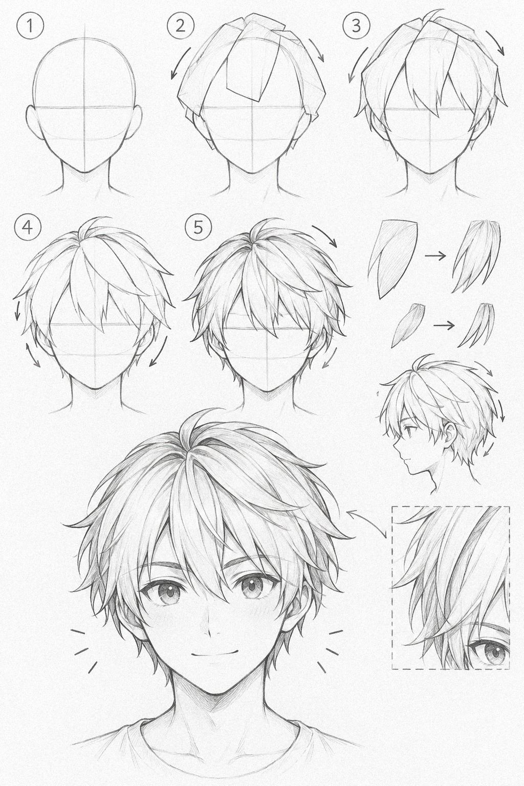 Dessine les cheveux courts par blocs, pas par piques