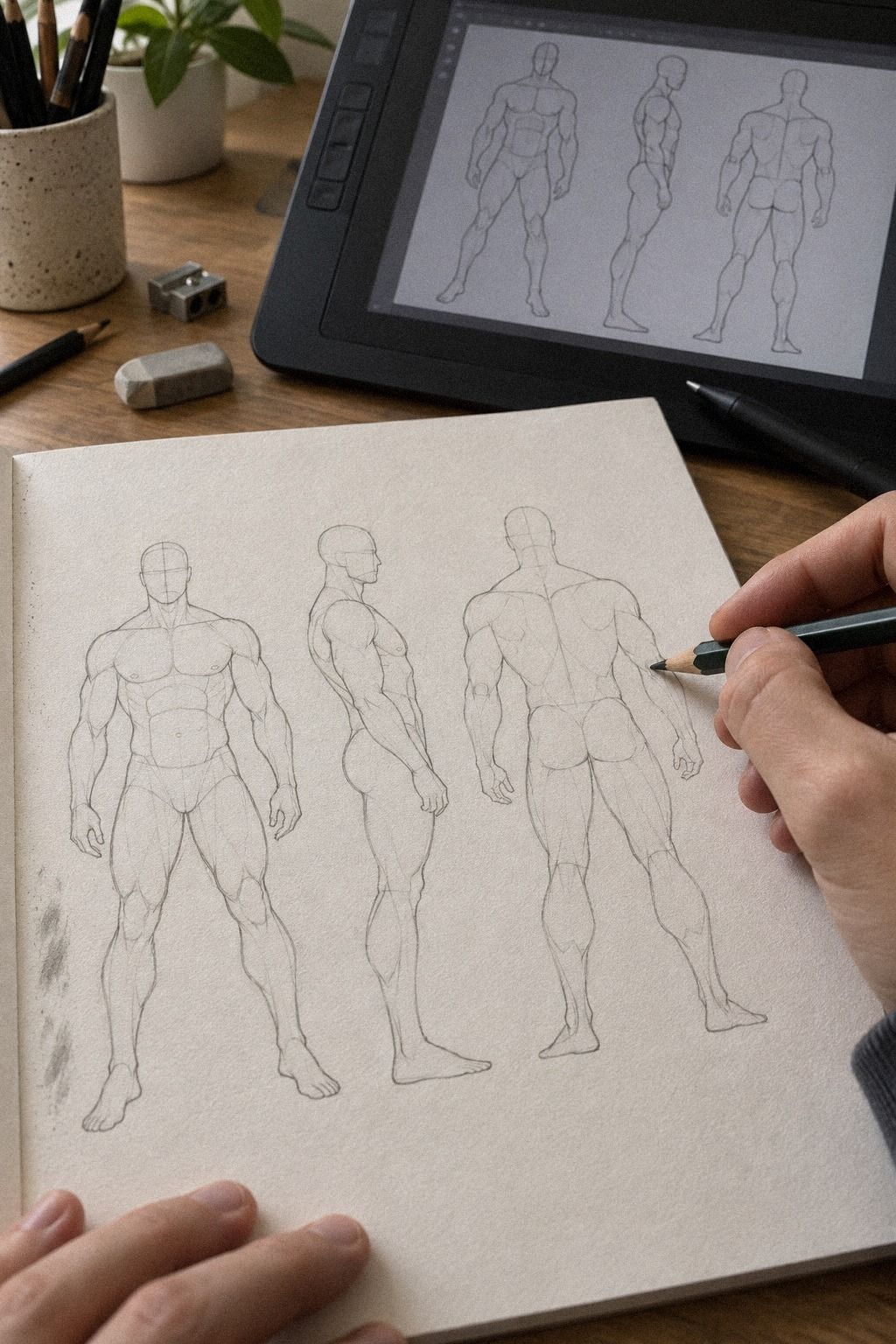 Construis la silhouette masculine manga en trois volumes